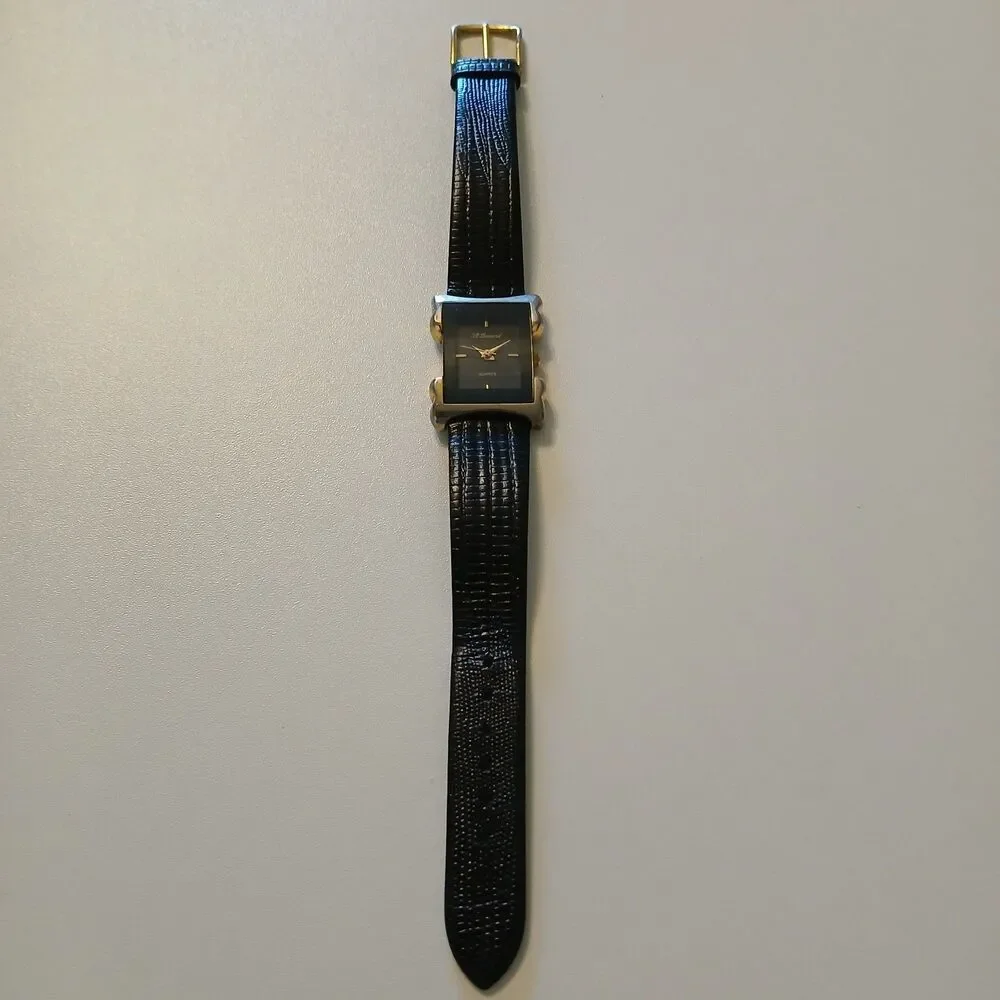 VTG 90s St. Bernard Women Quartz Watch Black Dial Gold Tone Accent 19.6mm